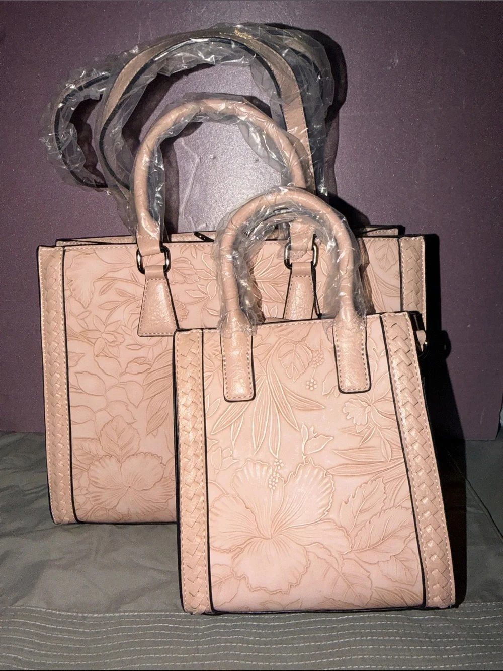 NWT 2-Piece Blush Pink Floral Embossed Structured Satchel & Mini Tote Bag Set